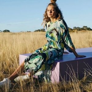 Gorman Cloud Forest Green and Blue Printed Midi Dress Size XL